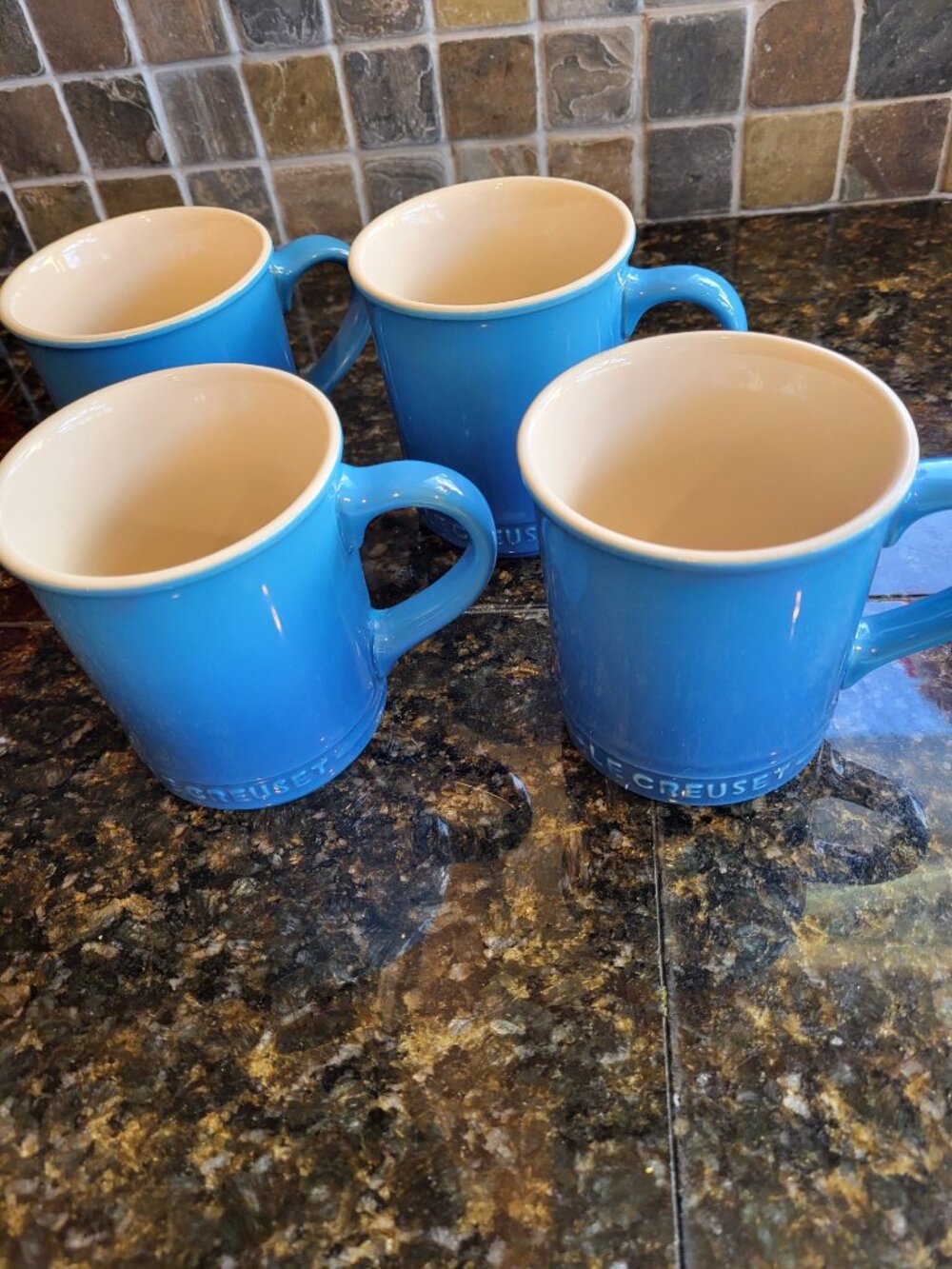4 NWOT Le Creuset Blue Coffee Mugs- Darker Blue then shown in pic!!